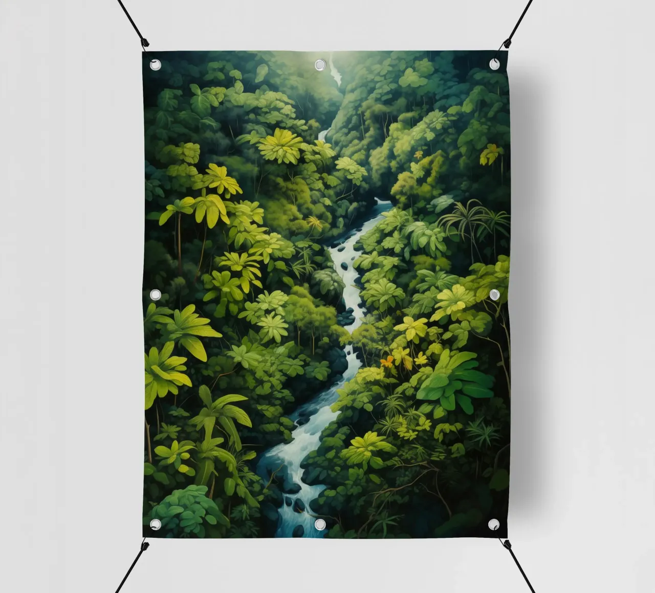 Paesaggio di foresta pluviale con fiume | Idillio della giungla naif telo in pvc da Autofocus
