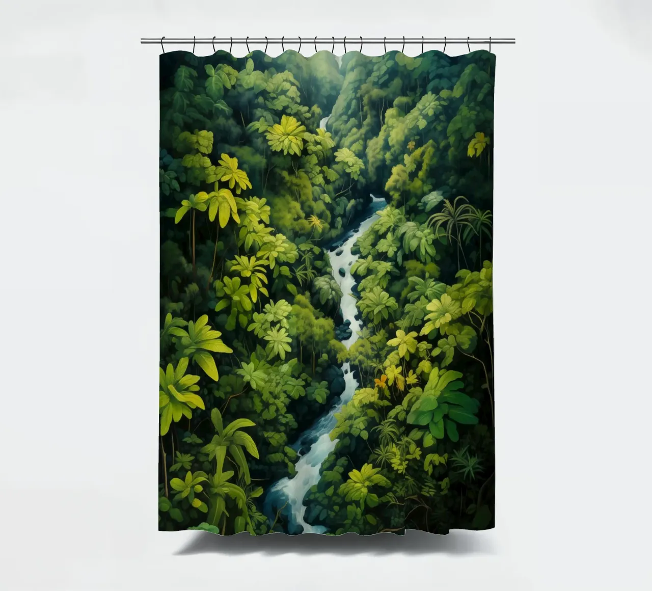 Paesaggio di foresta pluviale con fiume | Idillio della giungla naif tenda da doccia da Autofocus