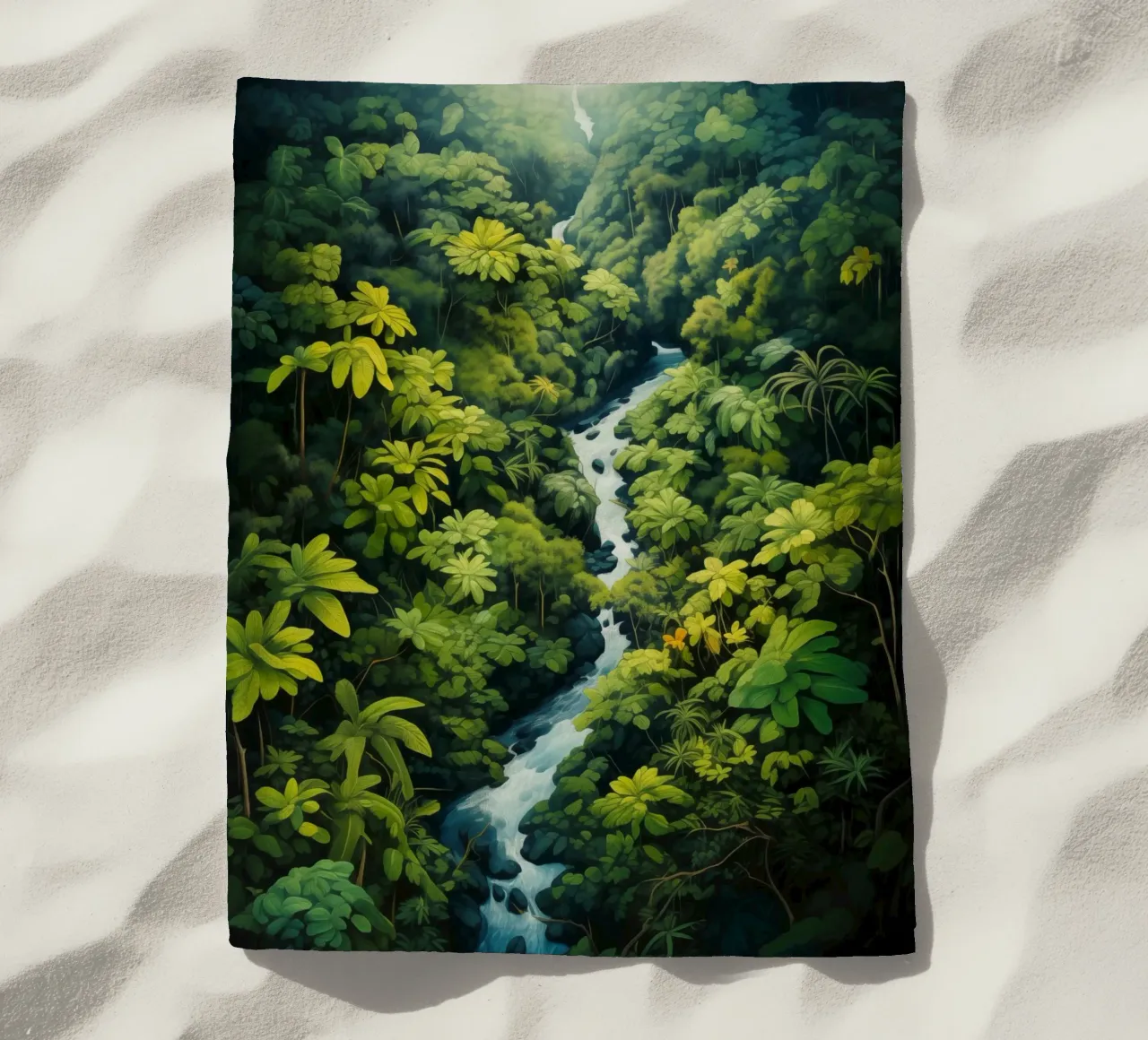 Paesaggio di foresta pluviale con fiume | Idillio della giungla naif telo mare da Autofocus