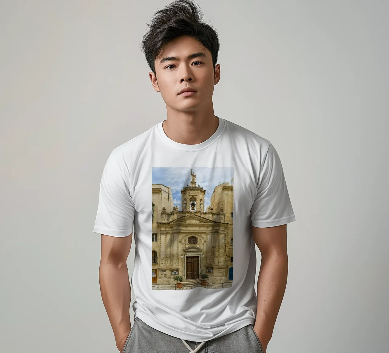 Facciata di una vecchia chiesa a Malta t-shirt da Curious Collections by Marielle Leenders