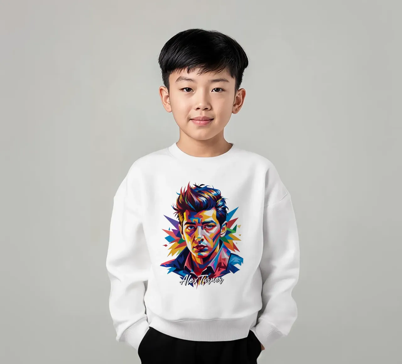 Alex Turner Portrait in WPAP Pop Art Kinder Sweatshirt von vectorartnesia