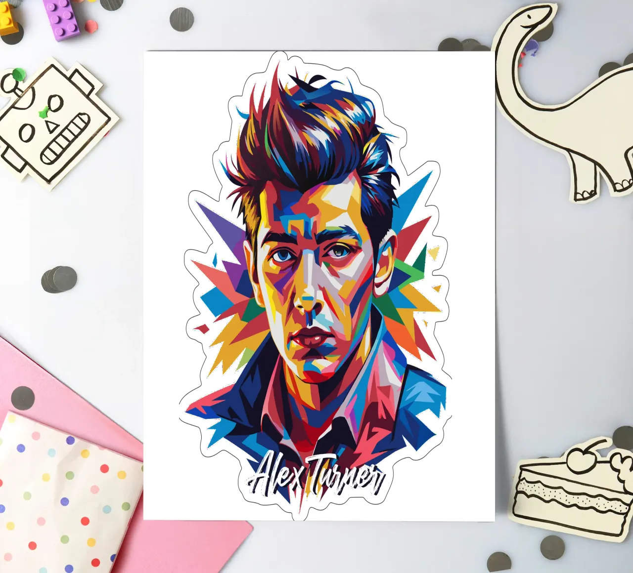Alex Turner Portrait in WPAP Pop Art foglio adesivo da vectorartnesia