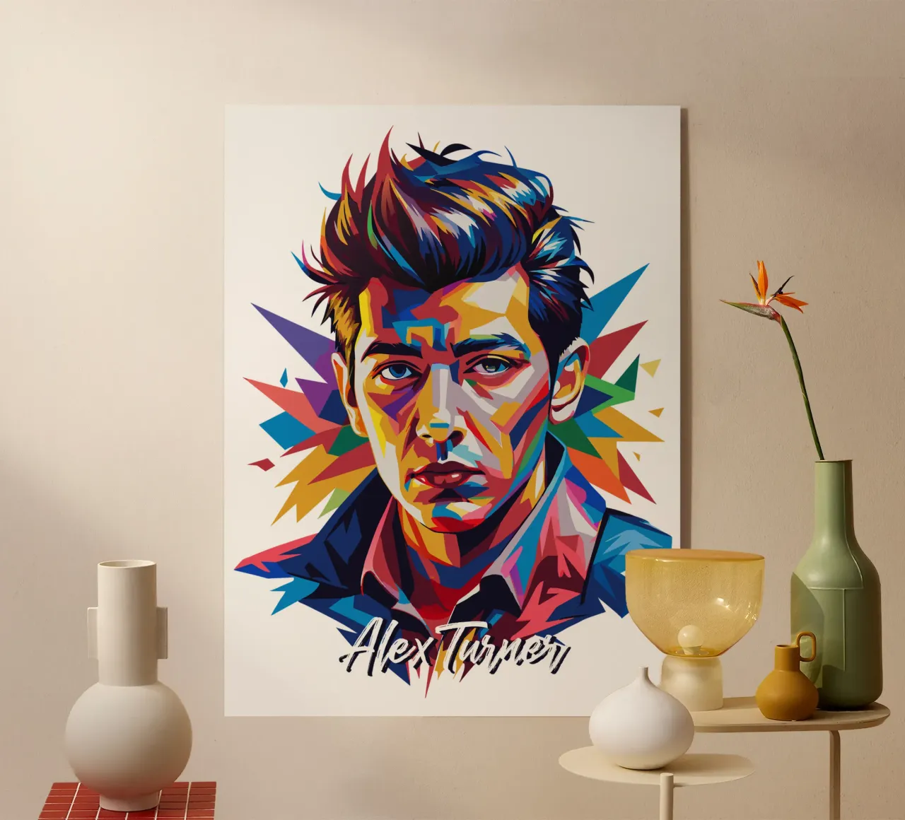 Alex Turner Portrait in WPAP Pop Art acrylic glass by vectorartnesia