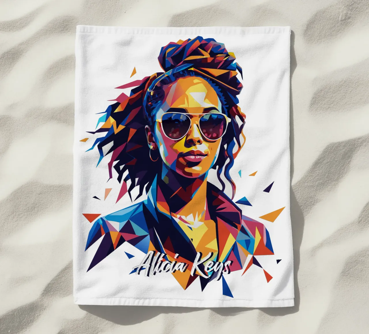 Alicia Keys Portrait in WPAP Pop Art Strandtuch von vectorartnesia