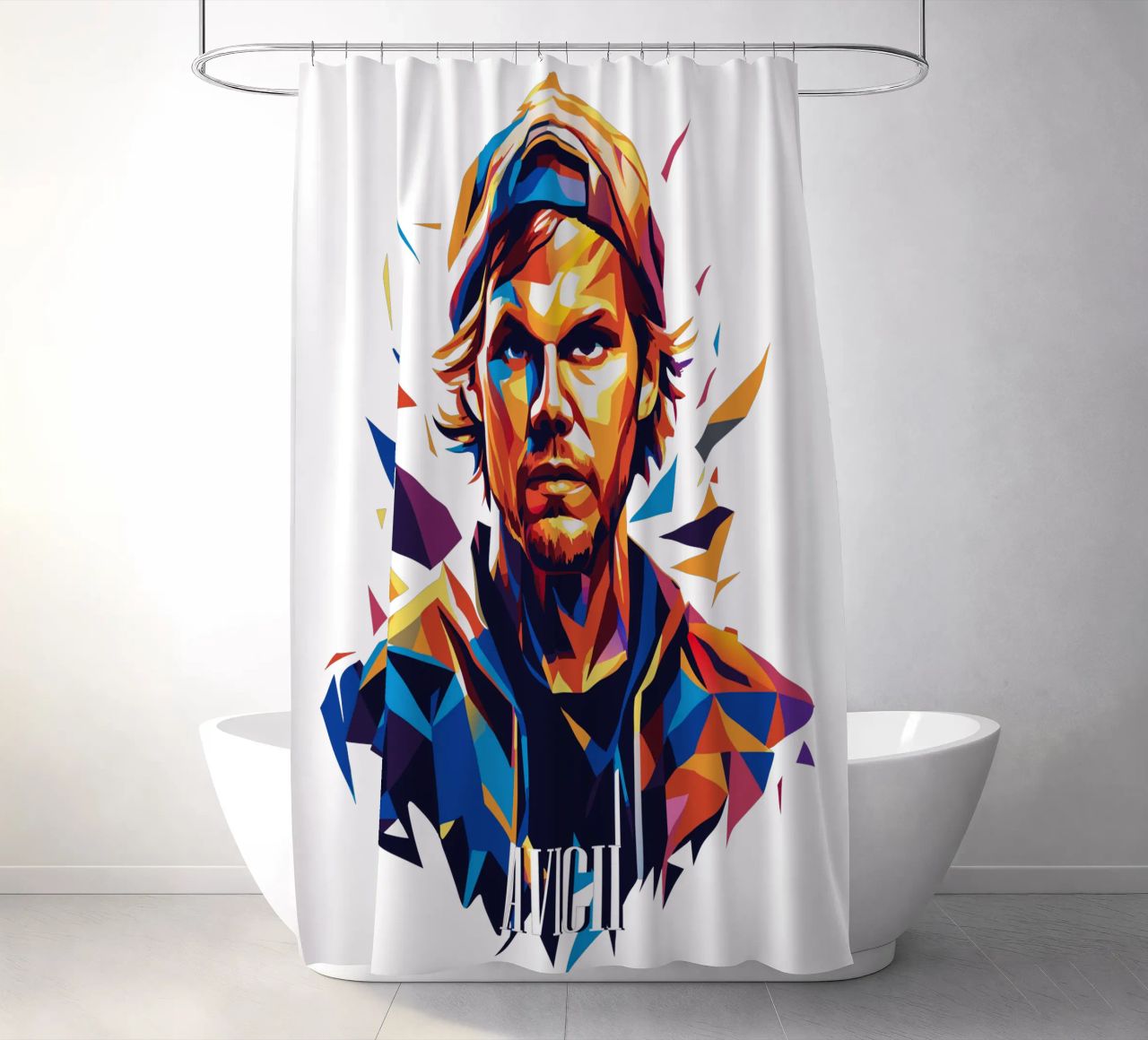 Avicii Portrait in WPAP Pop Art cortina de baño de vectorartnesia