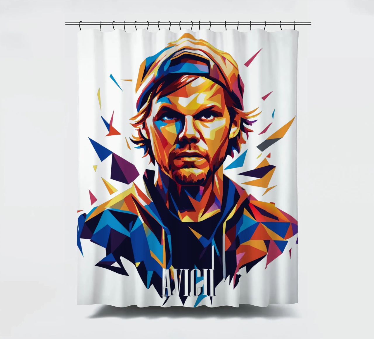 Avicii Portrait in WPAP Pop Art cortina de baño de vectorartnesia