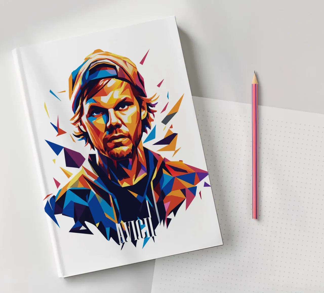 Avicii Portrait in WPAP Pop Art notebook by vectorartnesia