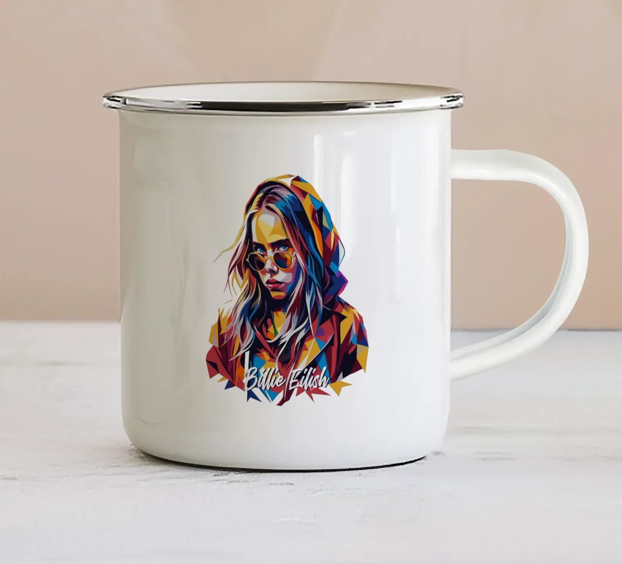 Billie Eilish Portrait in WPAP Pop Art tazza in smalto da vectorartnesia