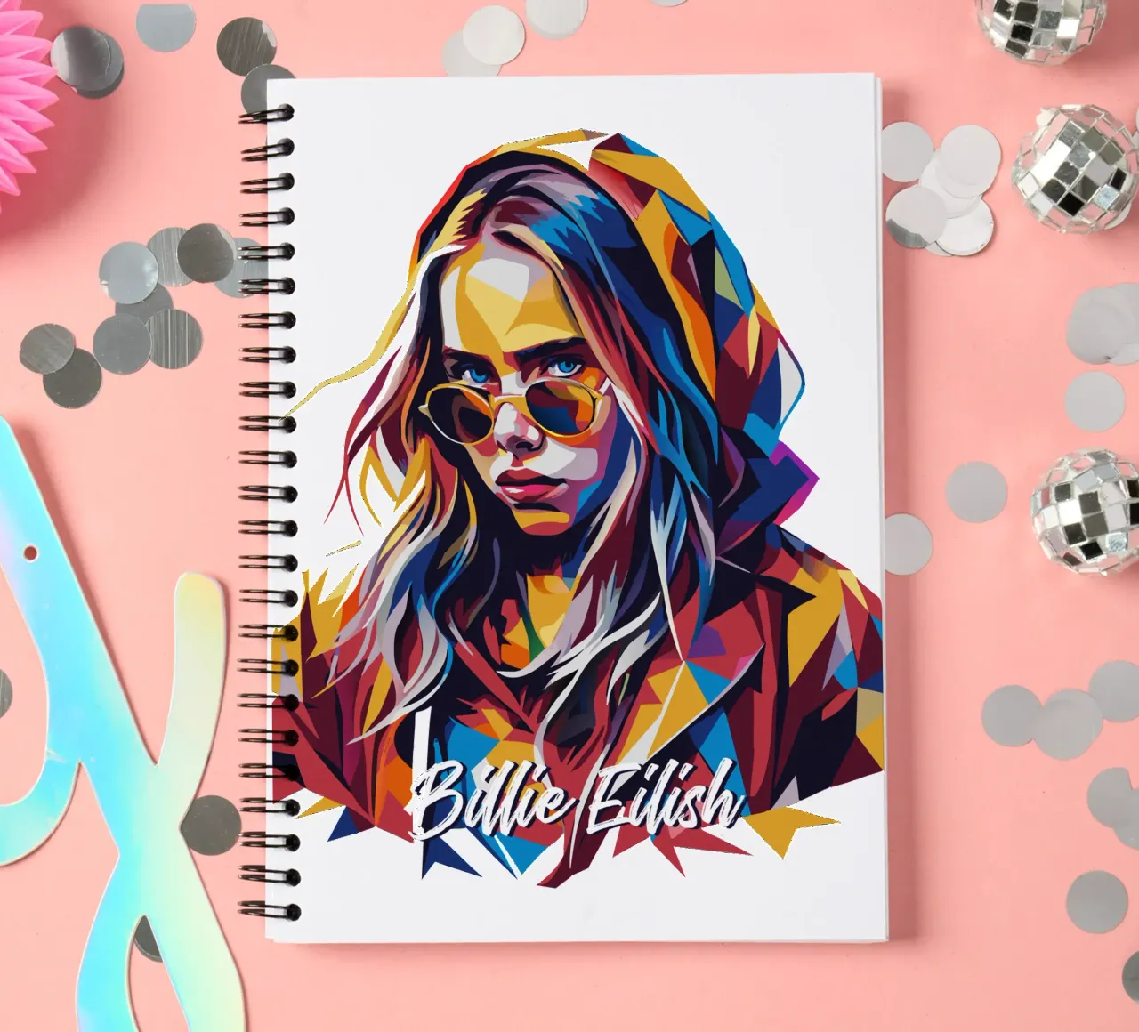 Billie Eilish Portrait in WPAP Pop Art spiral notebook by vectorartnesia