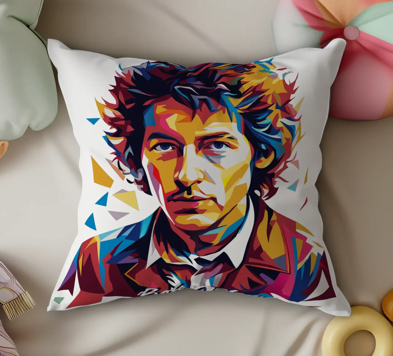 Bob Dylan Portrait in WPAP Pop Art kussen van vectorartnesia