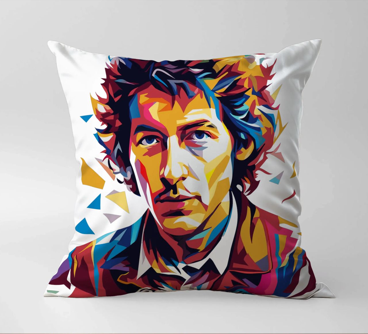 Bob Dylan Portrait in WPAP Pop Art kussen van vectorartnesia