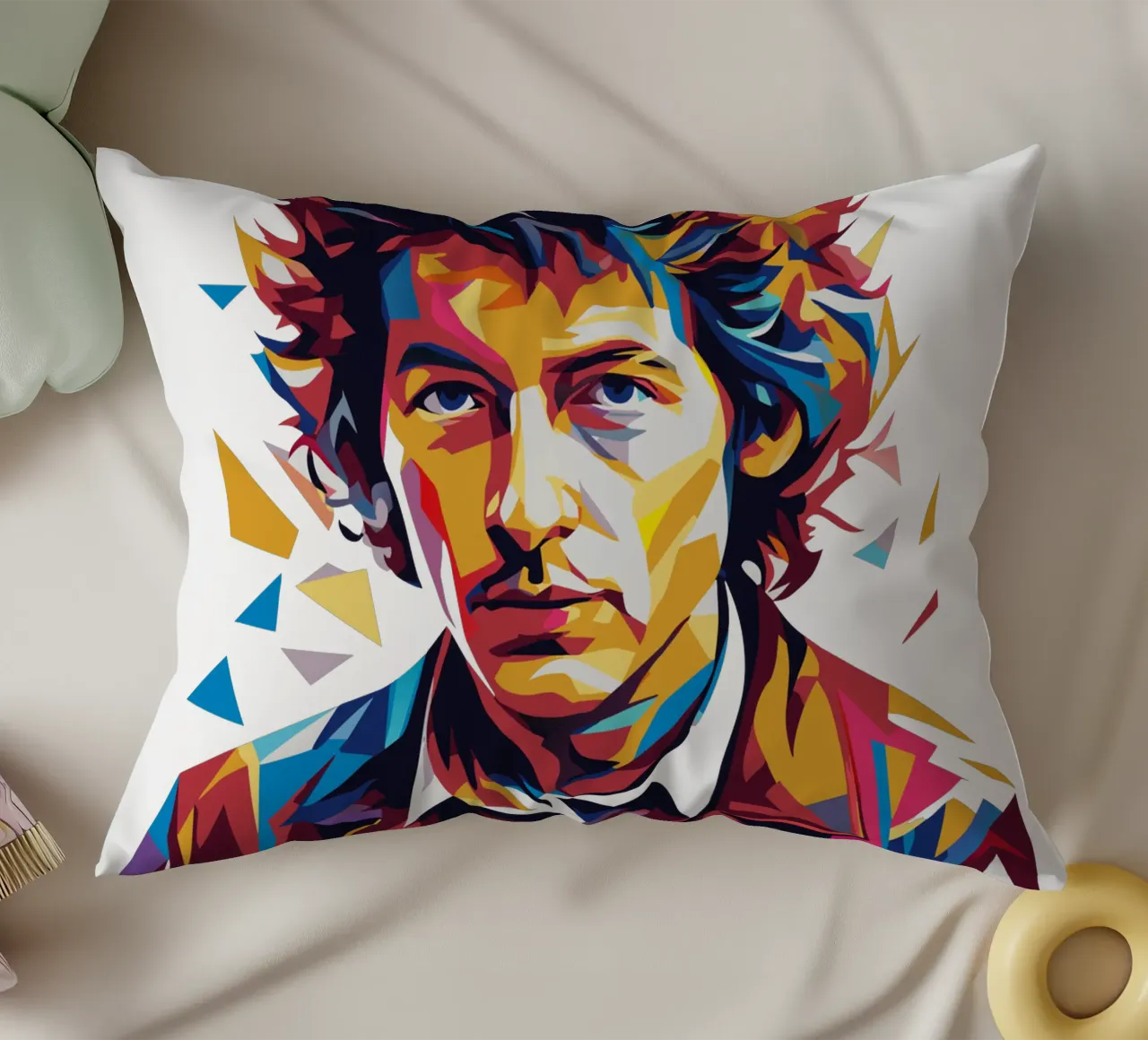 Bob Dylan Portrait in WPAP Pop Art kussen van vectorartnesia