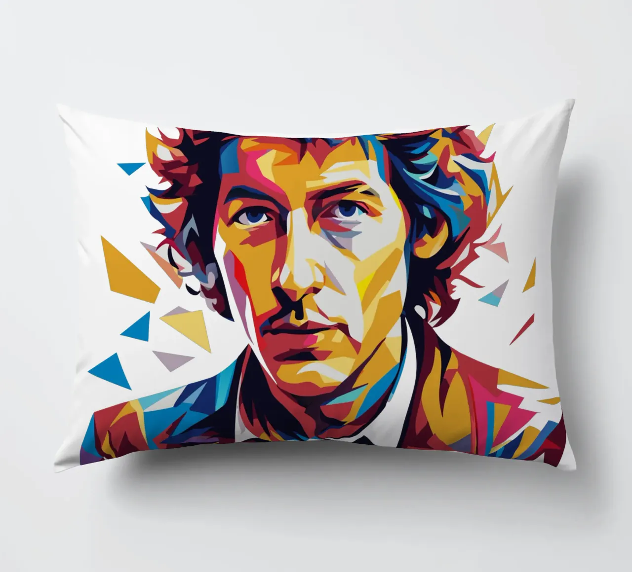 Bob Dylan Portrait in WPAP Pop Art kussen van vectorartnesia