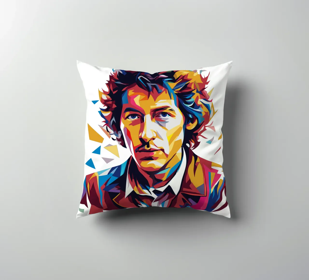 Bob Dylan Portrait in WPAP Pop Art kussen van vectorartnesia
