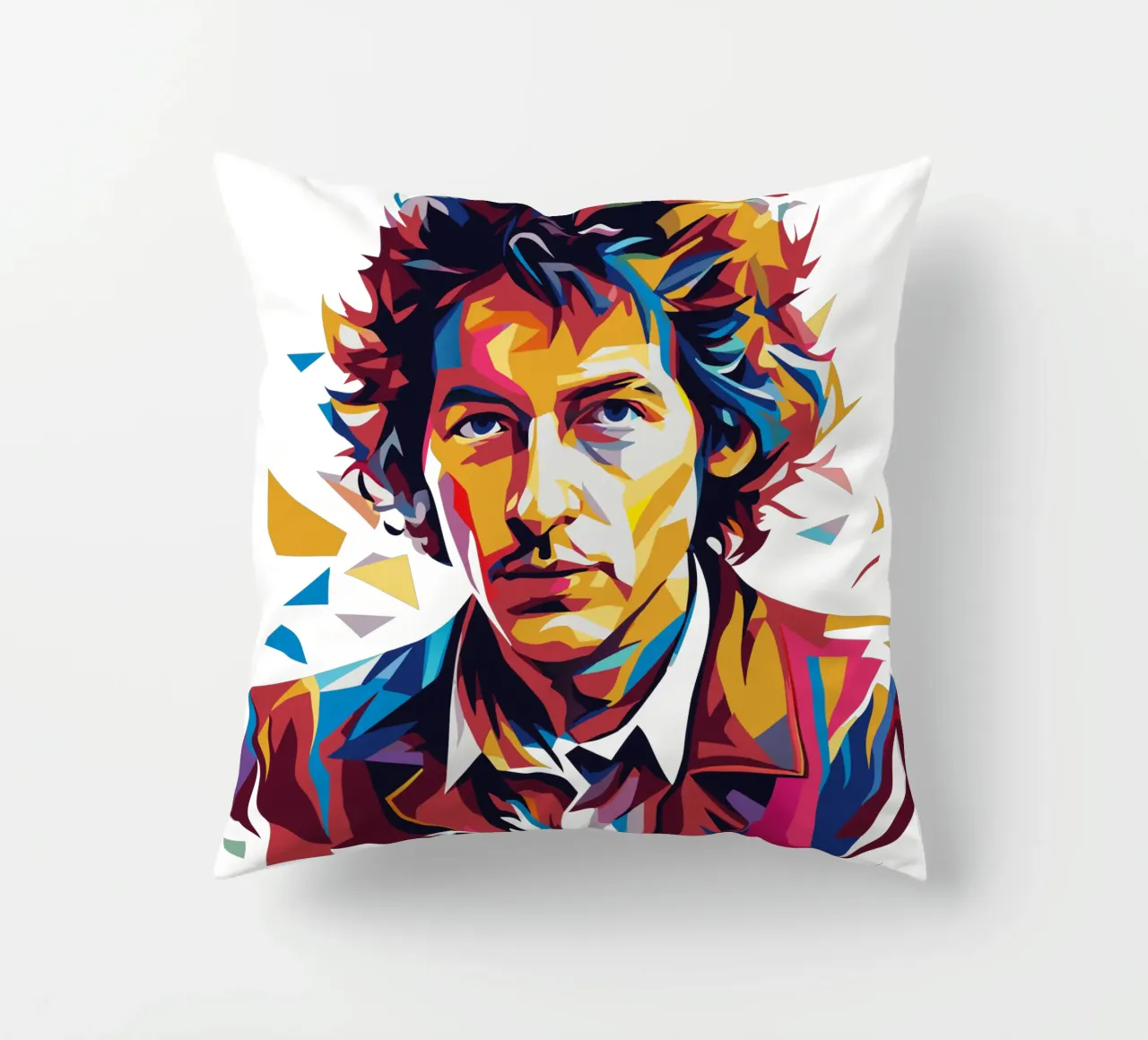 Bob Dylan Portrait in WPAP Pop Art kussen van vectorartnesia