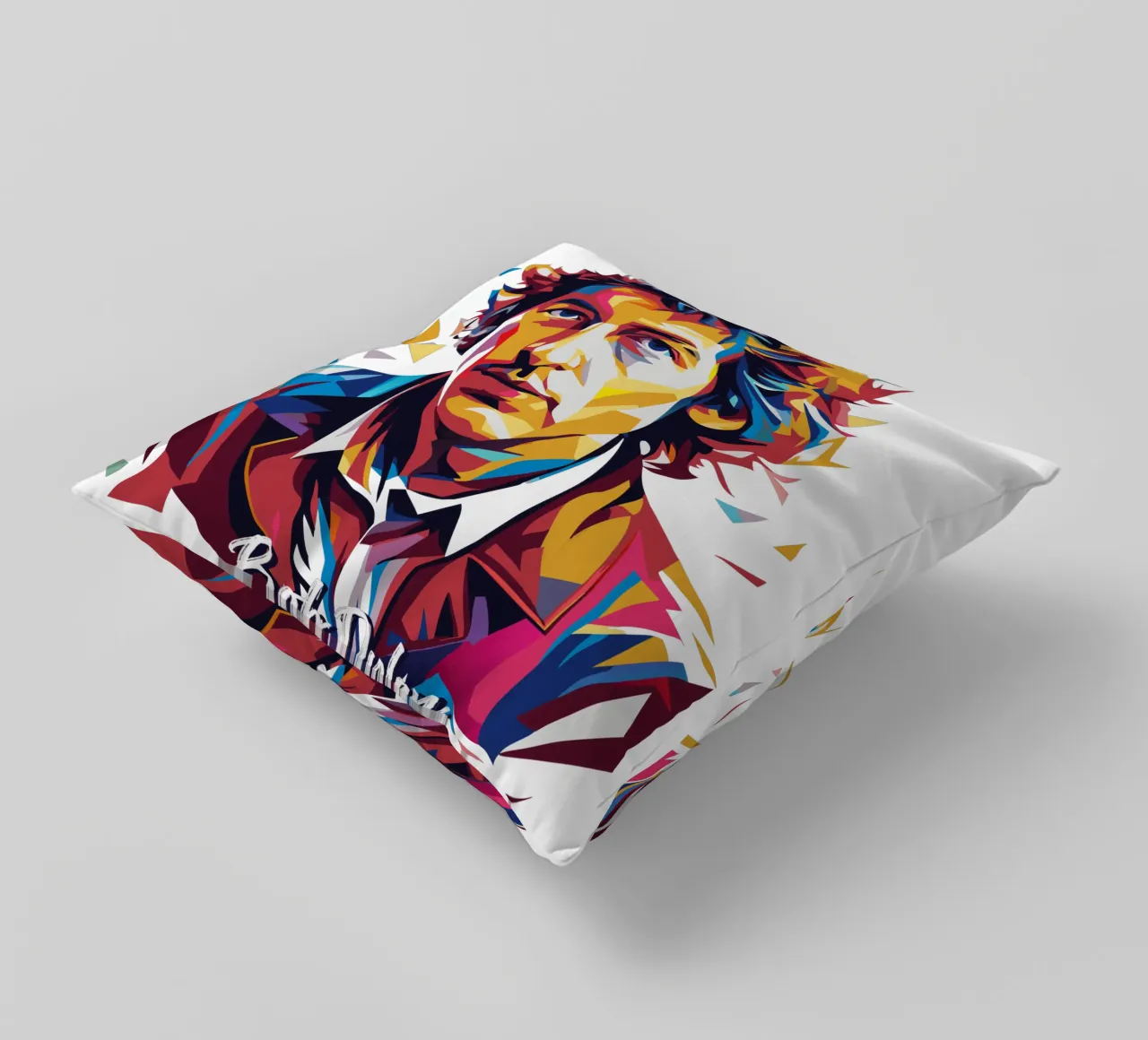 Bob Dylan Portrait in WPAP Pop Art kussen van vectorartnesia