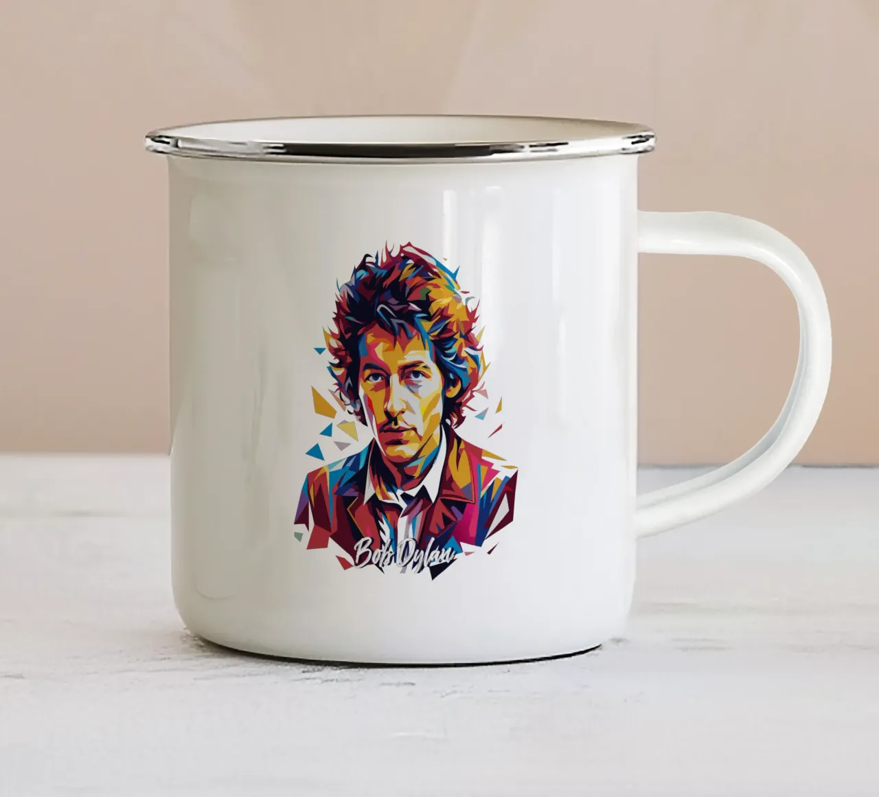 Bob Dylan Portrait in WPAP Pop Art mug en émail de vectorartnesia