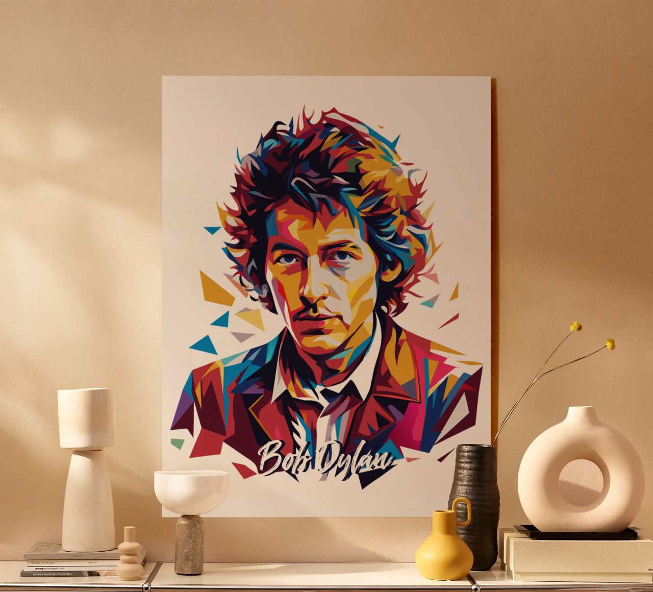 Bob Dylan Portrait in WPAP Pop Art acryl van vectorartnesia