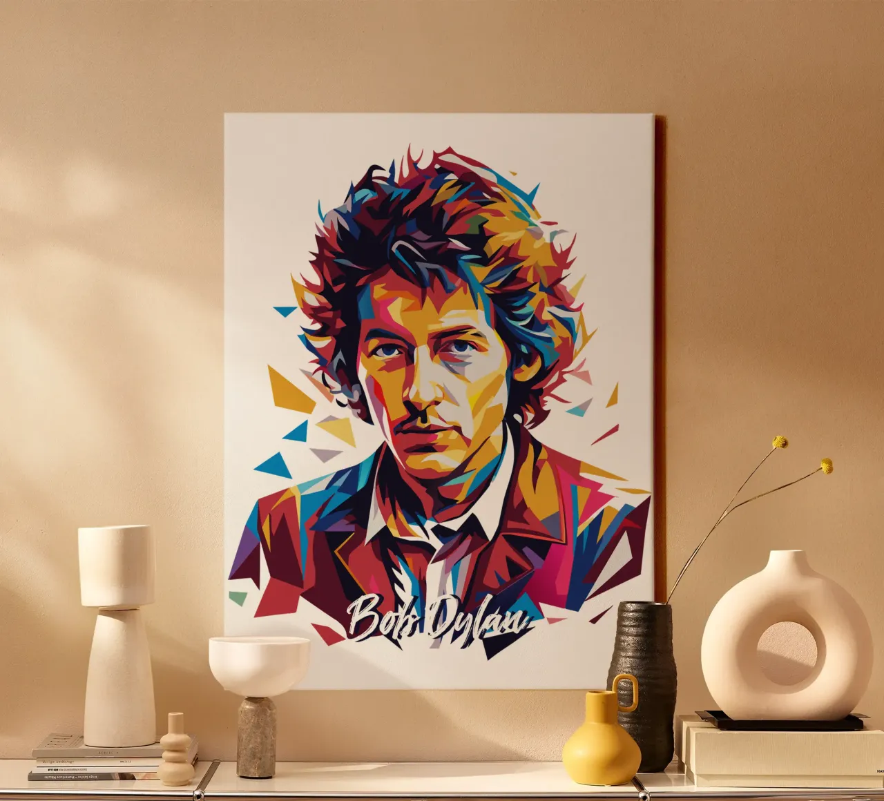 Bob Dylan Portrait in WPAP Pop Art canvas by vectorartnesia