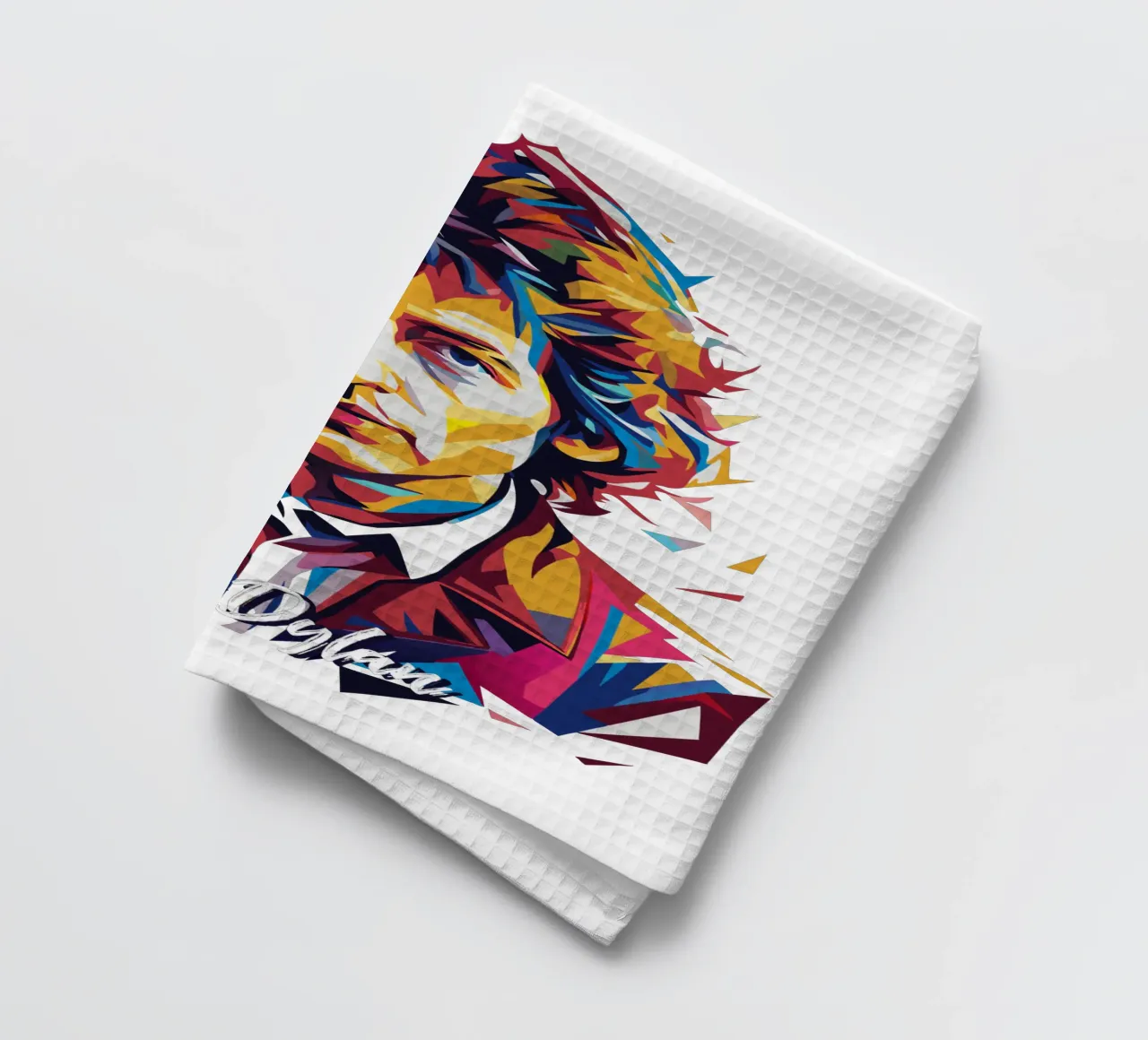 Bob Dylan Portrait in WPAP Pop Art Geschirrtuch von vectorartnesia