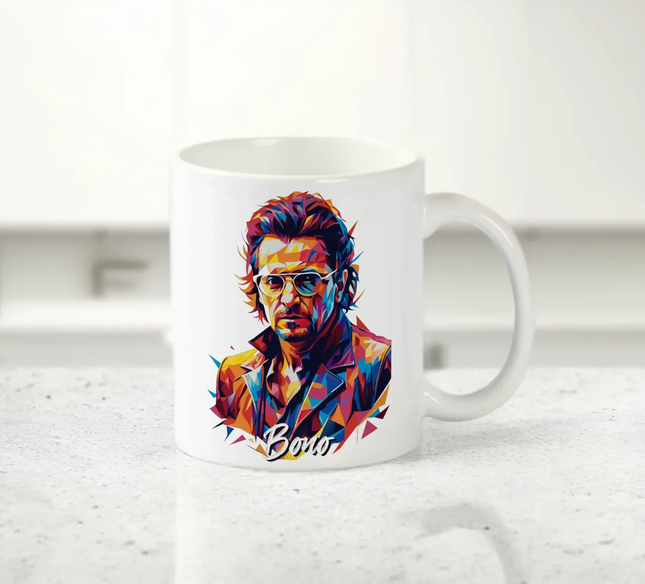 Bono Portrait in WPAP Pop Art Keramik Tasse von vectorartnesia