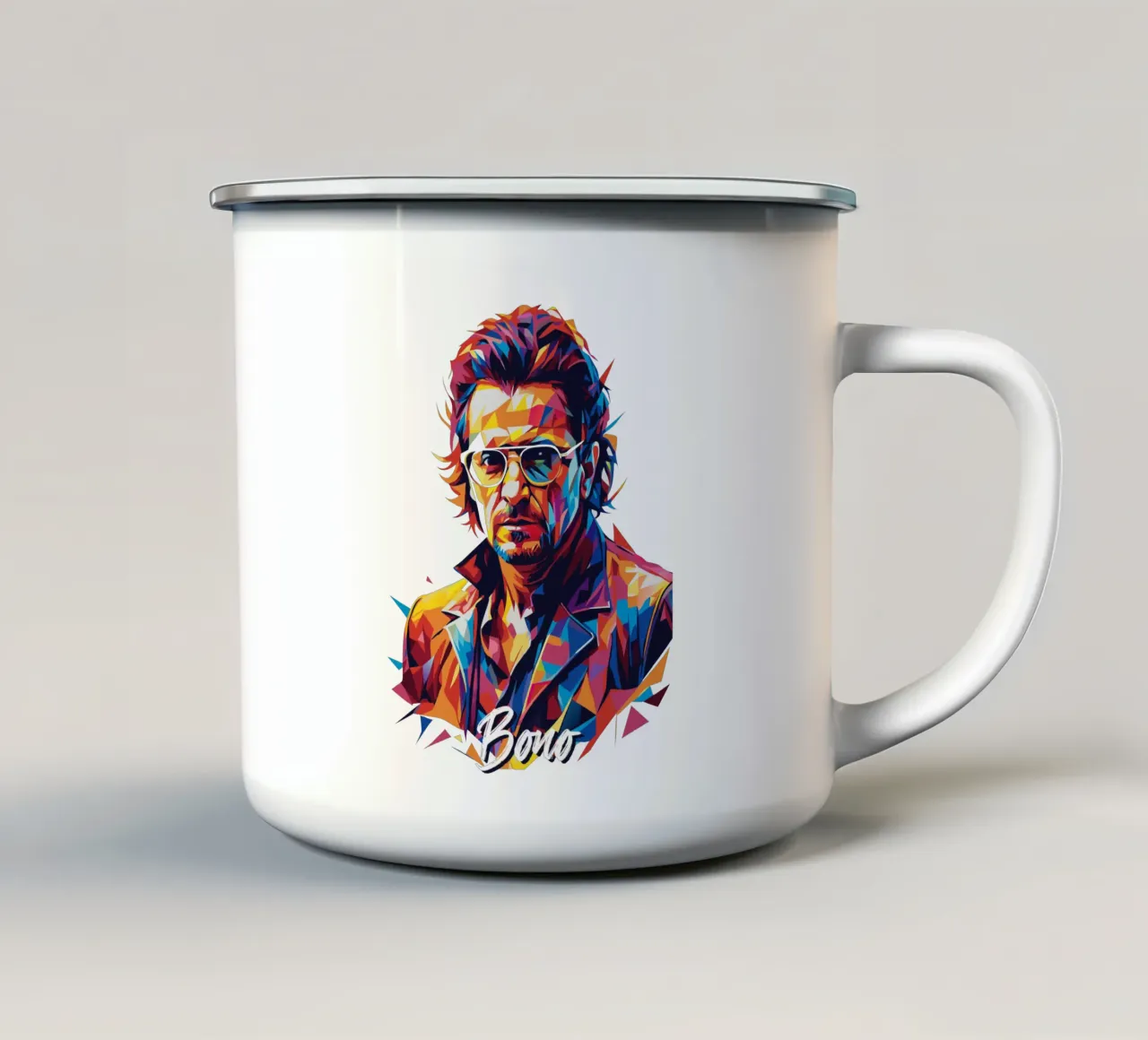 Bono Portrait in WPAP Pop Art Emaille Tasse von vectorartnesia