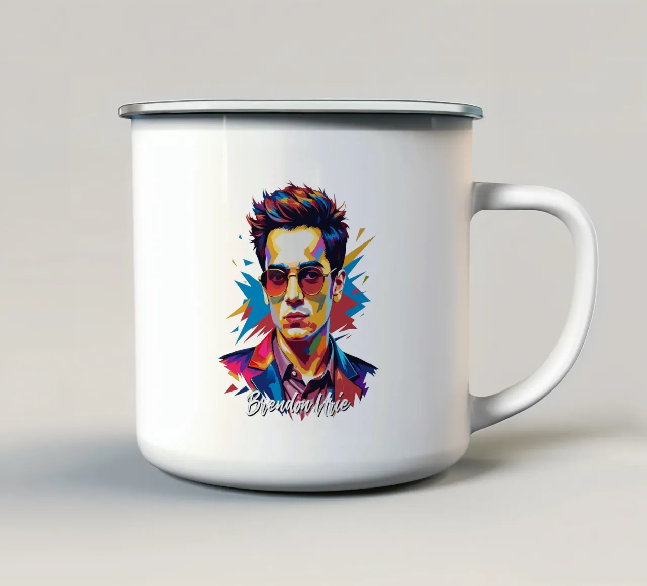 Brendon Urie Portrait in WPAP Pop Art emaille mok van vectorartnesia