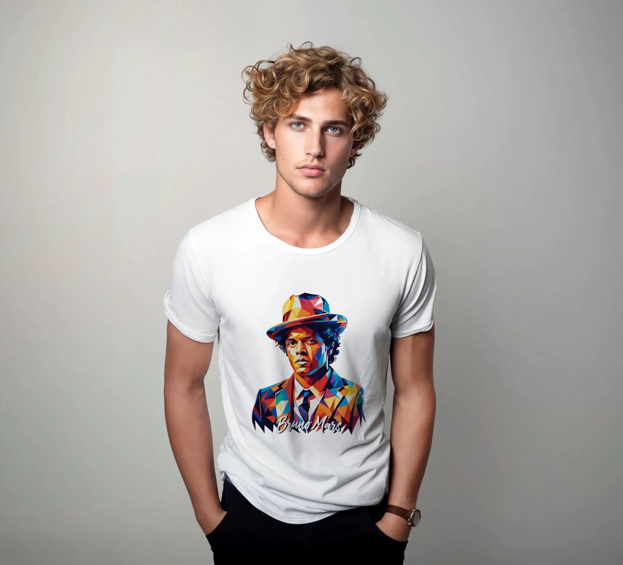 Bruno Mars Portrait in WPAP Pop Art t-shirt da vectorartnesia