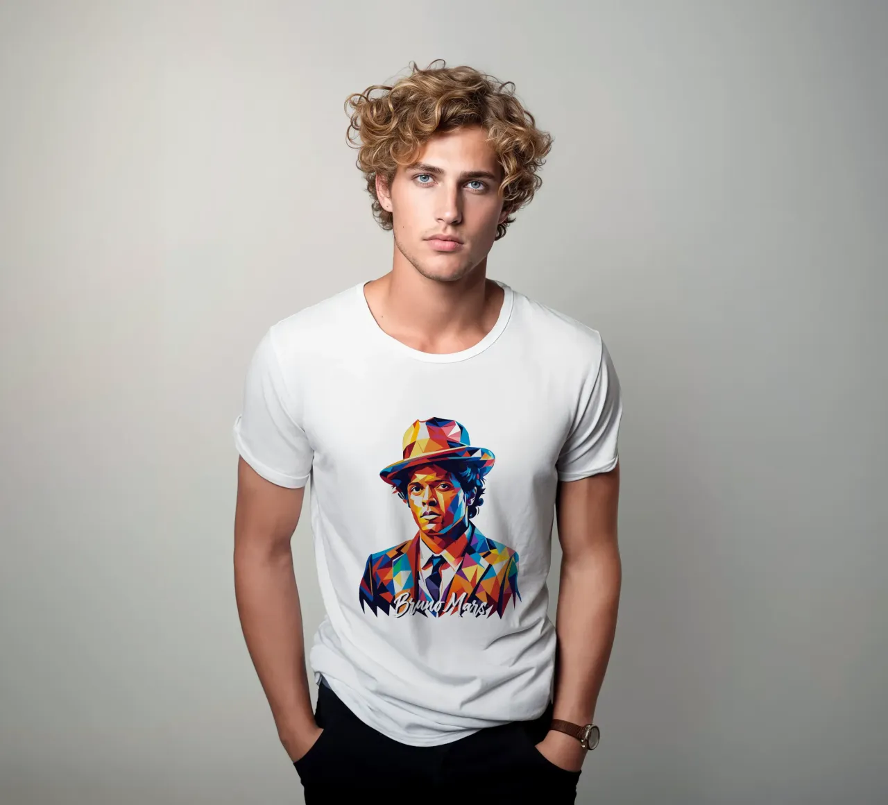 Bruno Mars Portrait in WPAP Pop Art t-shirt da vectorartnesia