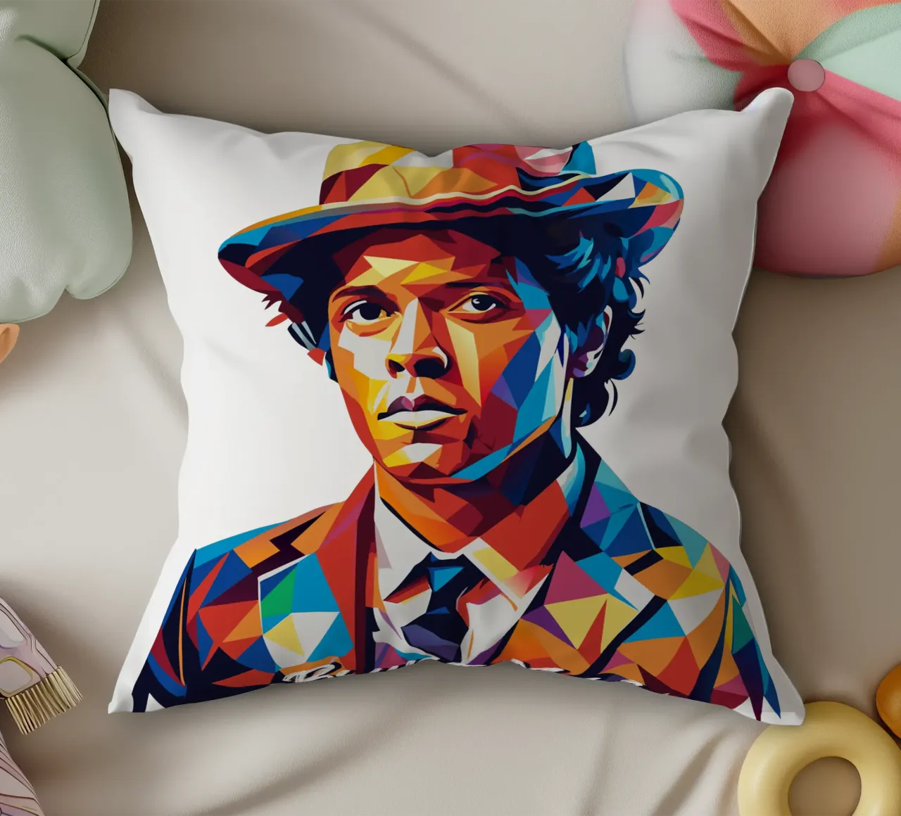 Bruno Mars Portrait in WPAP Pop Art Kissen von vectorartnesia