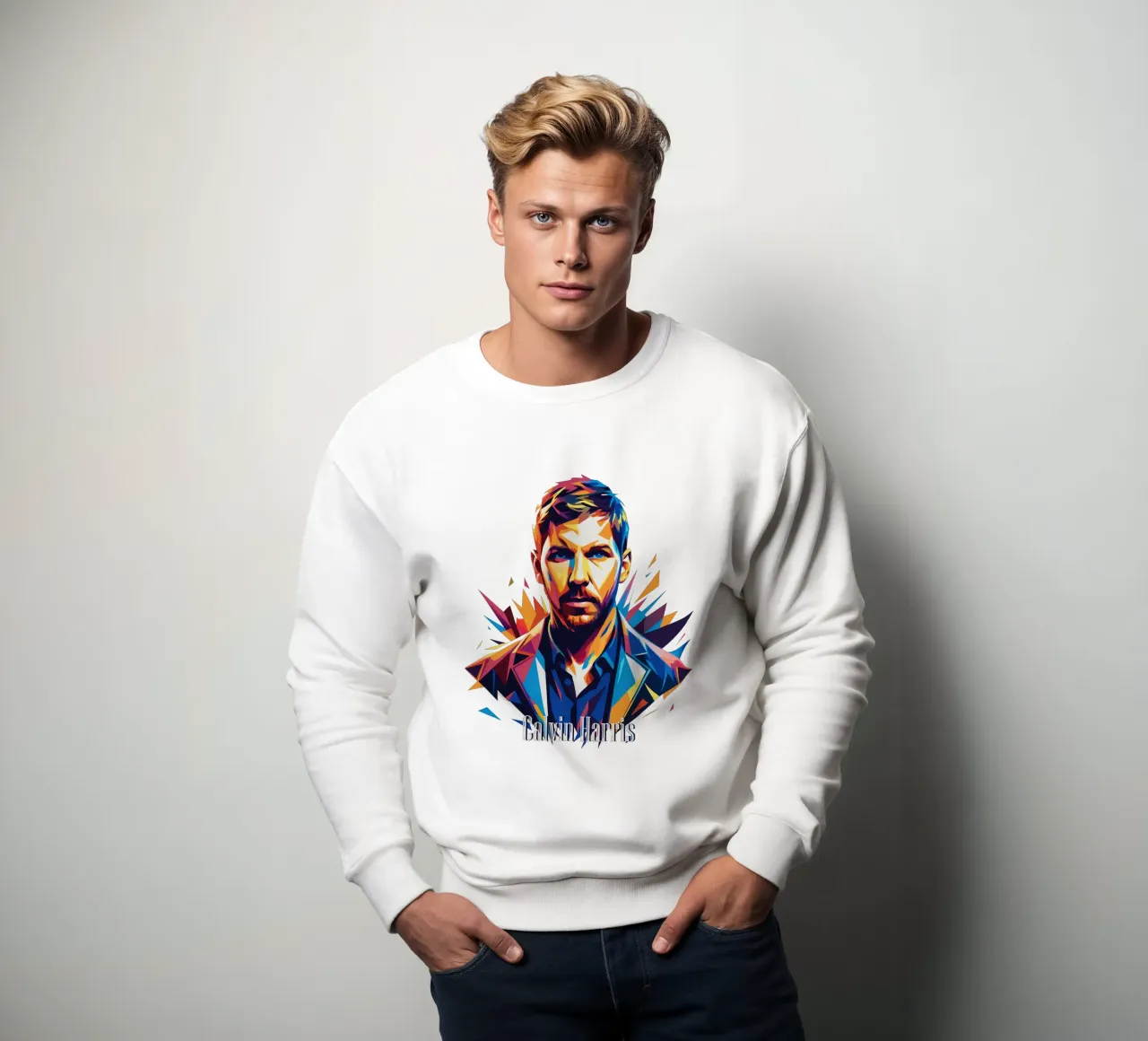 Calvin Harris Portrait in WPAP Pop Art sweatshirt van vectorartnesia