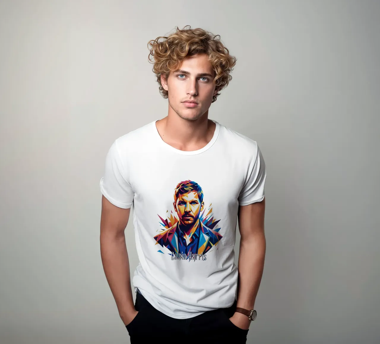 Calvin Harris Portrait in WPAP Pop Art t-shirt da vectorartnesia