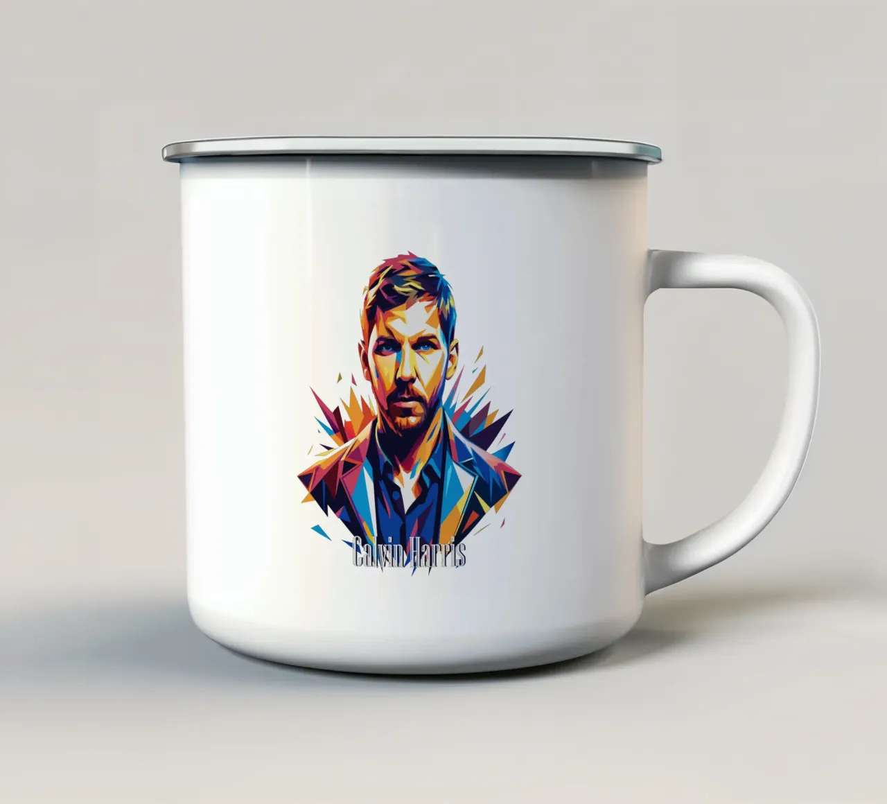 Calvin Harris Portrait in WPAP Pop Art taza de esmalte de vectorartnesia