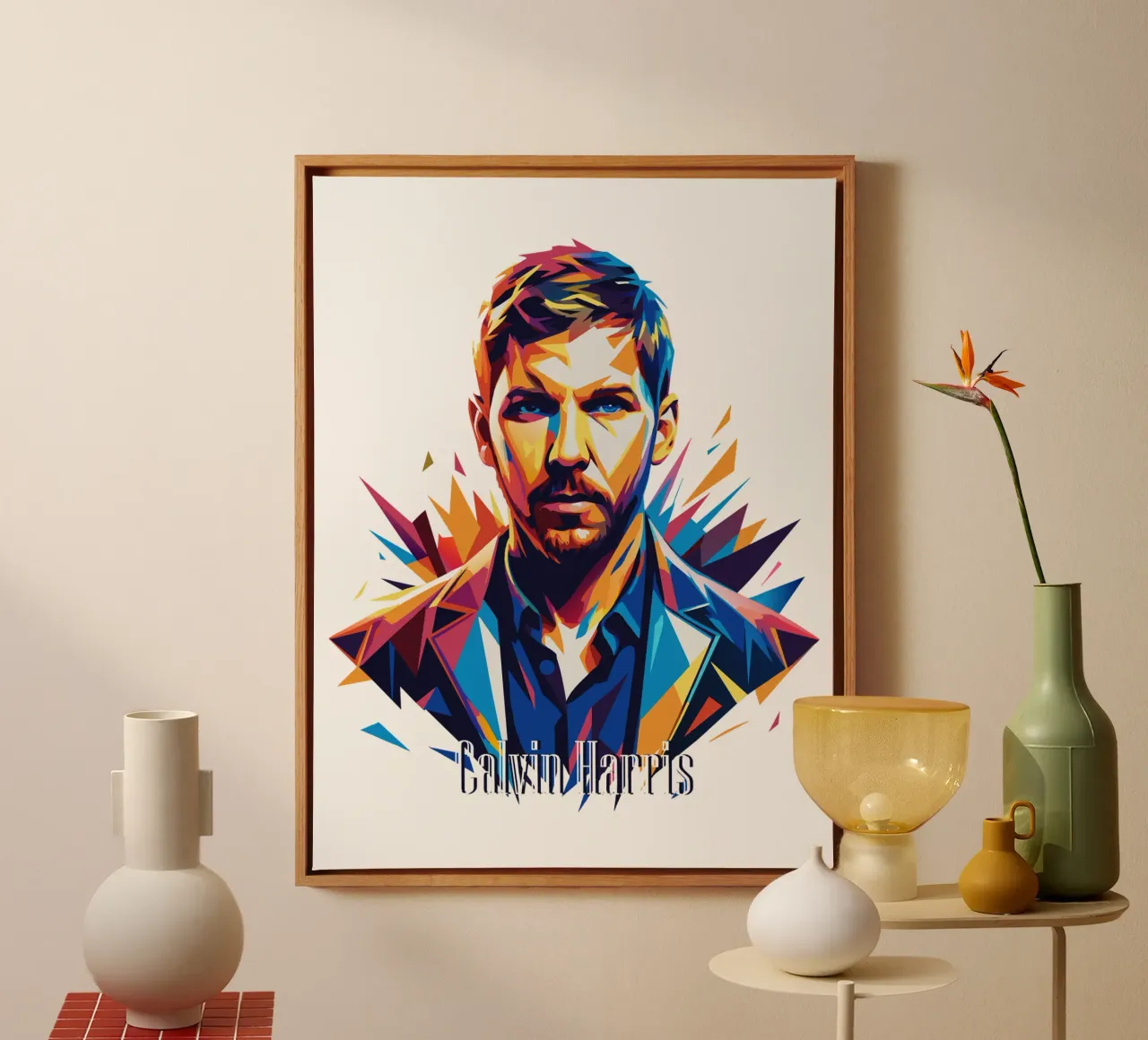 Calvin Harris Portrait in WPAP Pop Art canvas met Baklijst van vectorartnesia