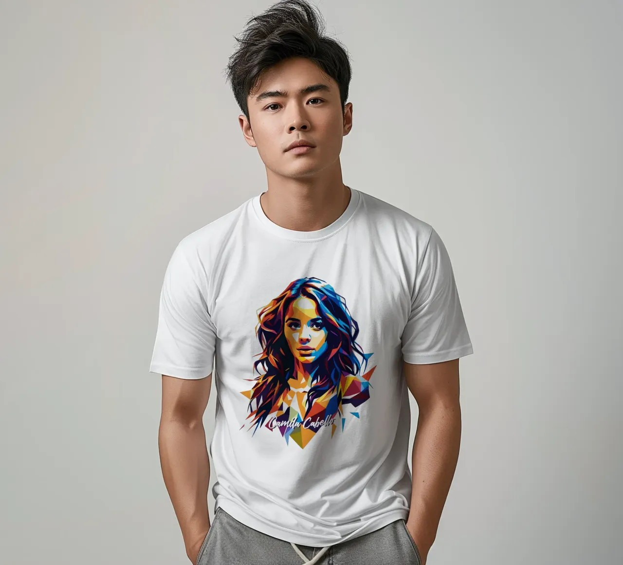 Camila Cabello Portrait in WPAP Pop Art t-shirt da vectorartnesia
