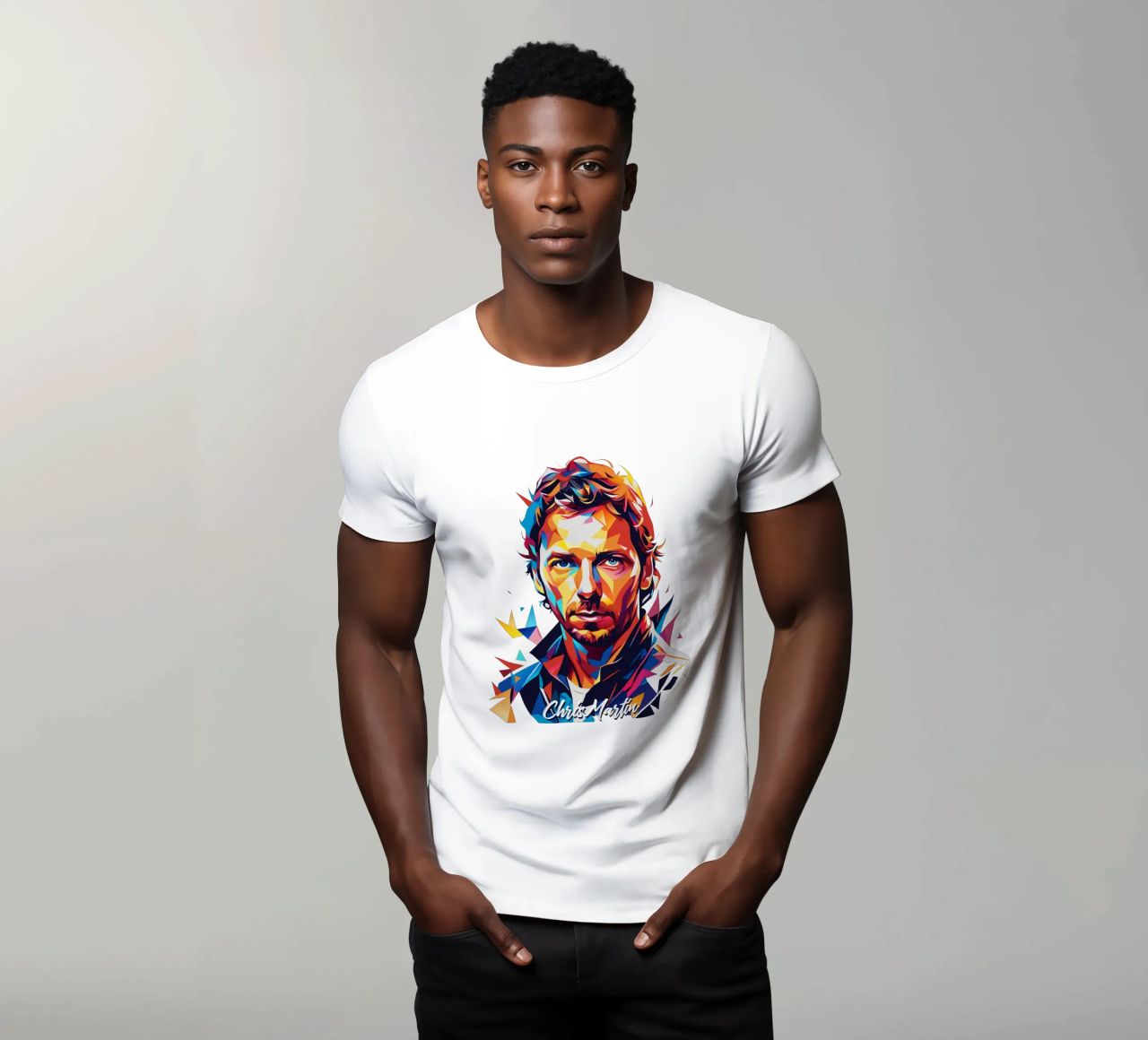 Chris Martin Portrait in WPAP Pop Art t-shirt da vectorartnesia
