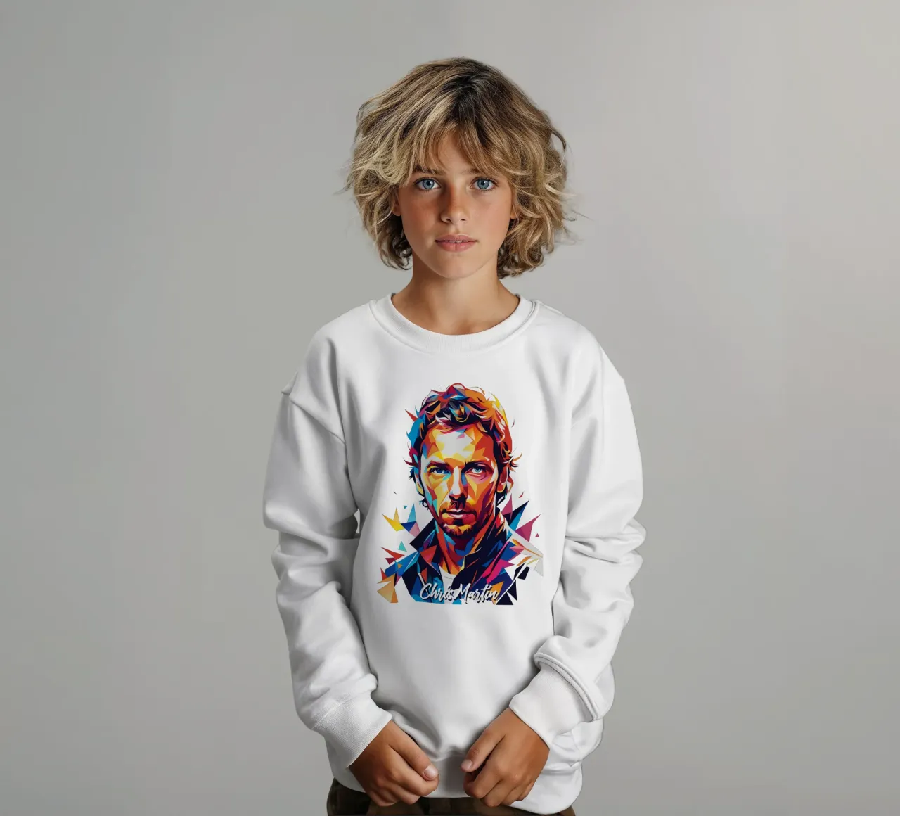 Chris Martin Portrait in WPAP Pop Art kids sweatshirt by vectorartnesia
