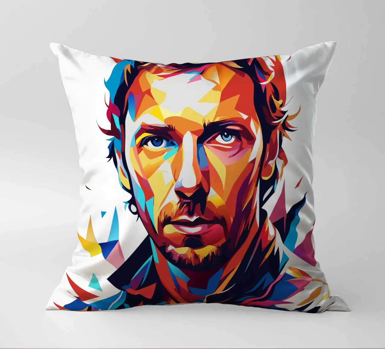 Chris Martin Portrait in WPAP Pop Art Kissen von vectorartnesia