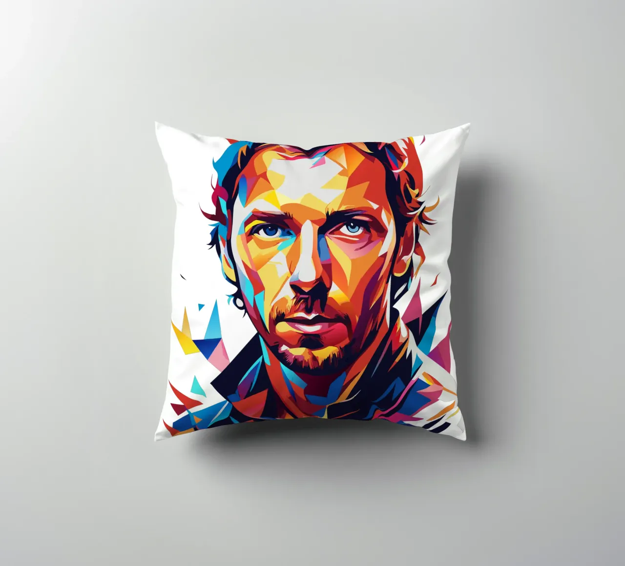 Chris Martin Portrait in WPAP Pop Art Kissen von vectorartnesia