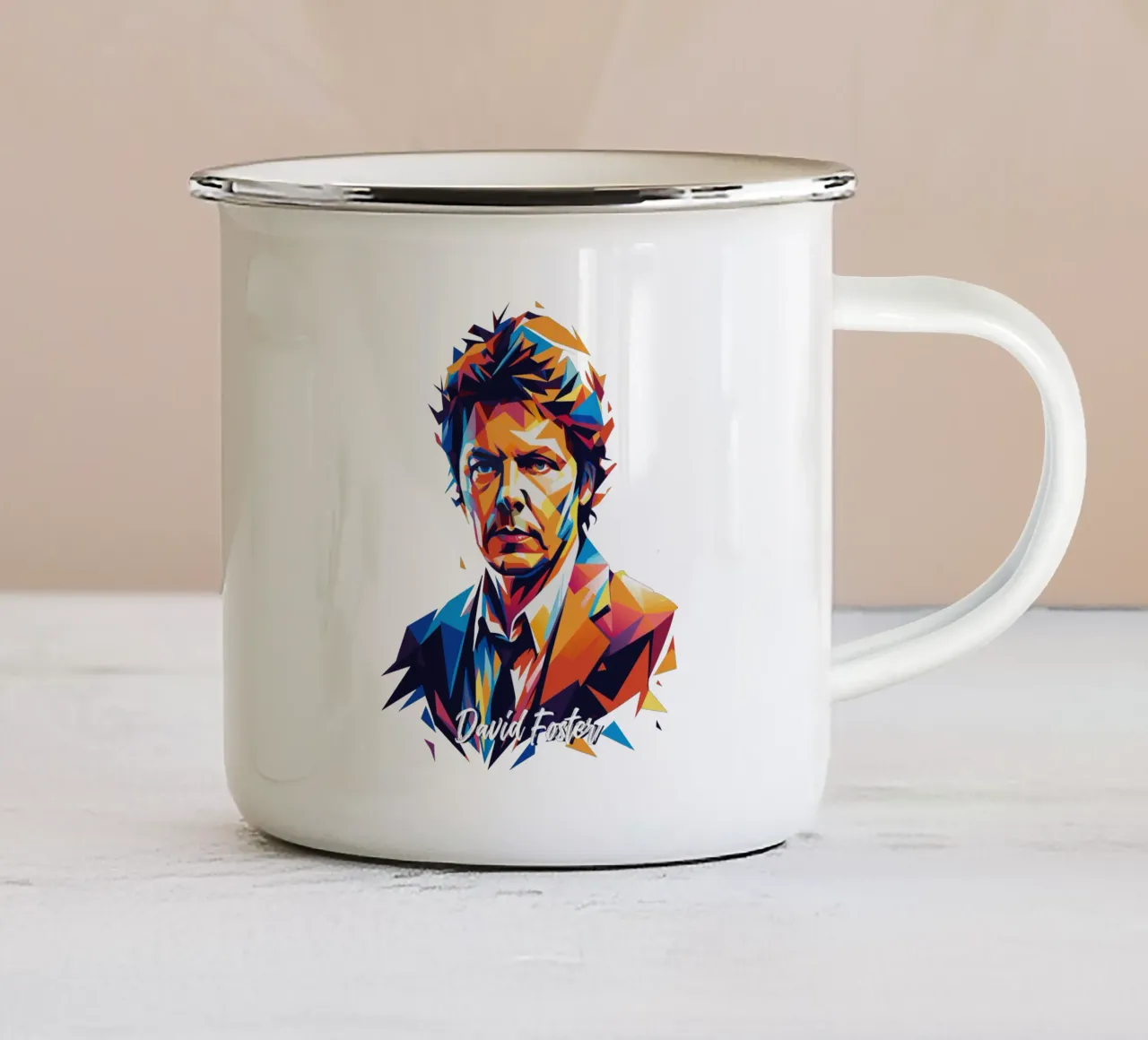 David Foster Portrait in WPAP Pop Art Emaille Tasse von vectorartnesia