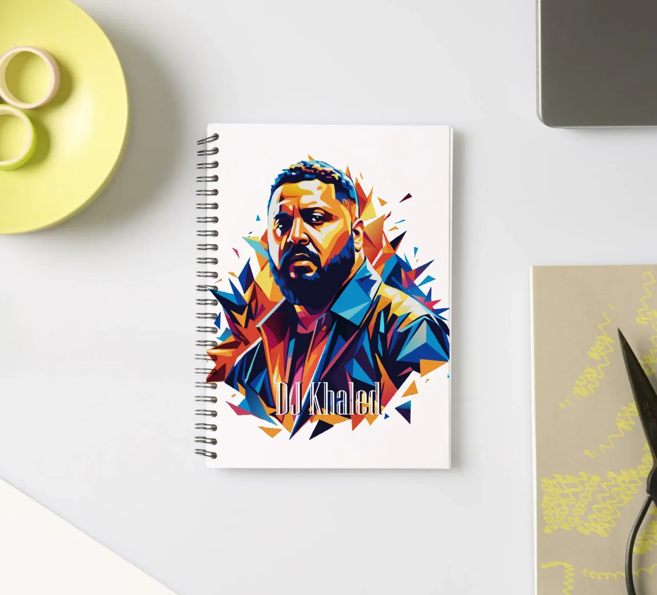DJ Khaled Portrait in WPAP Pop Art spiral notebook by vectorartnesia