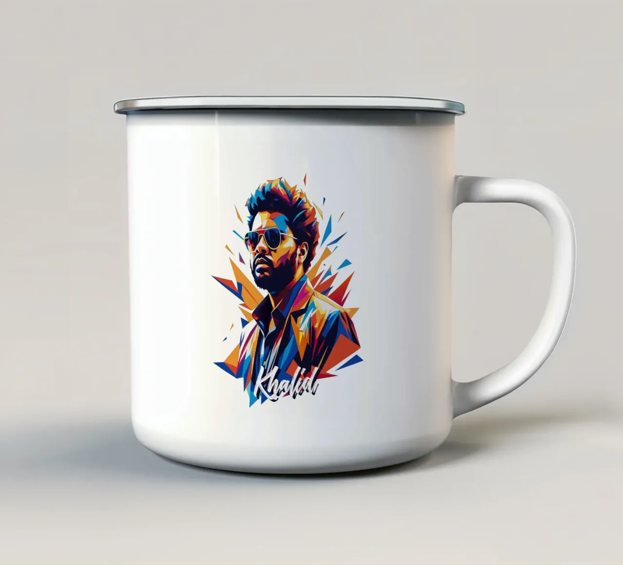 Khalid Portrait in WPAP Pop Art Emaille Tasse von vectorartnesia