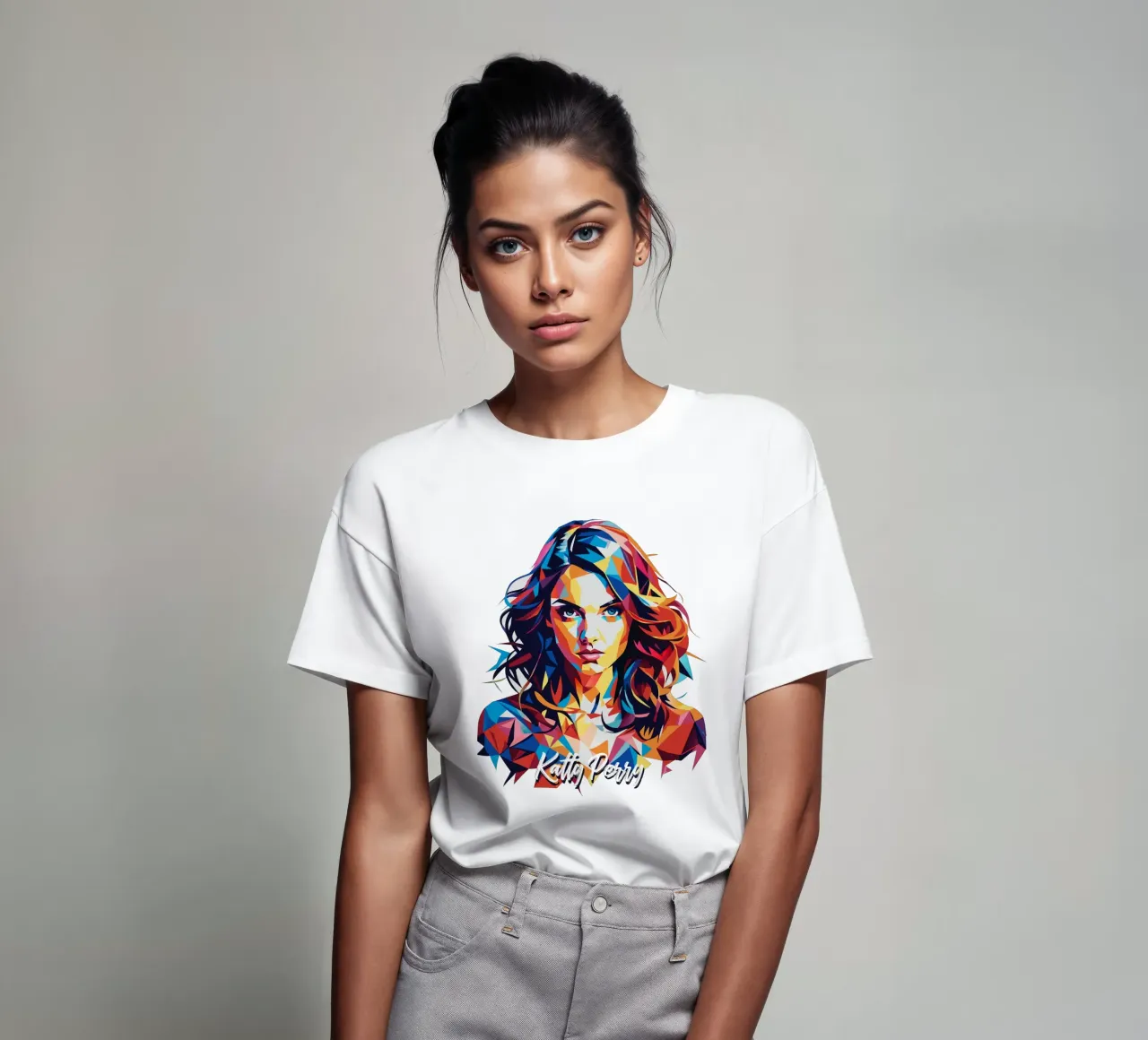 Katty Perry Portrait in WPAP Pop Art t-shirt da vectorartnesia