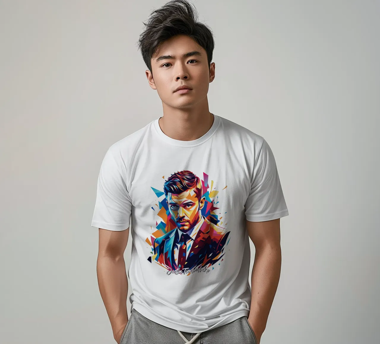Justin Timberlake Portrait in WPAP Pop Art t-shirt da vectorartnesia