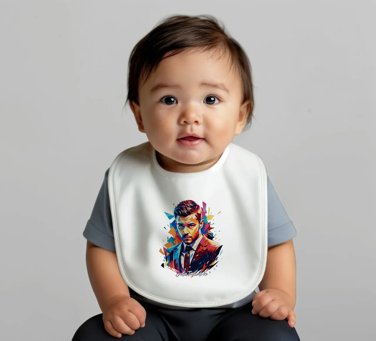 Justin Timberlake Portrait in WPAP Pop Art baby slabbetje van vectorartnesia