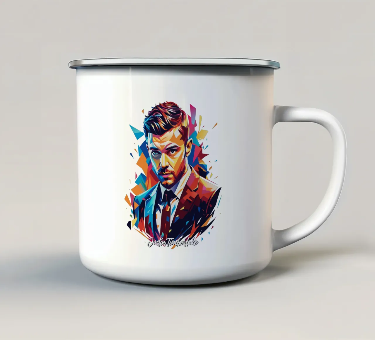 Justin Timberlake Portrait in WPAP Pop Art Emaille Tasse von vectorartnesia