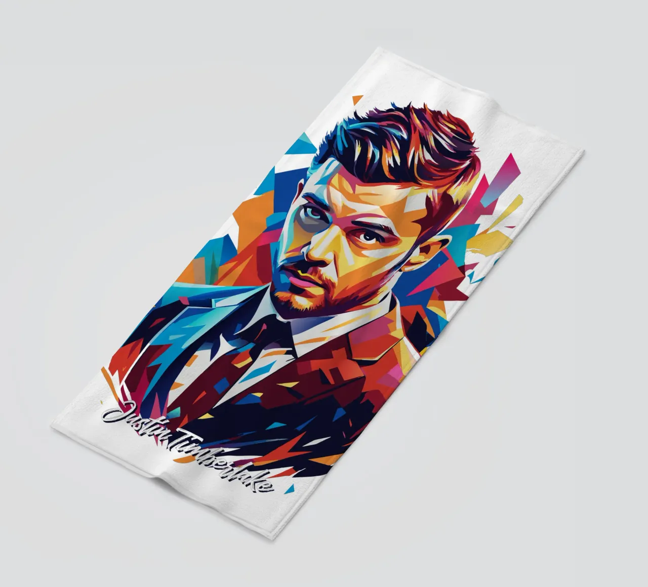 Justin Timberlake Portrait in WPAP Pop Art beach towel by vectorartnesia