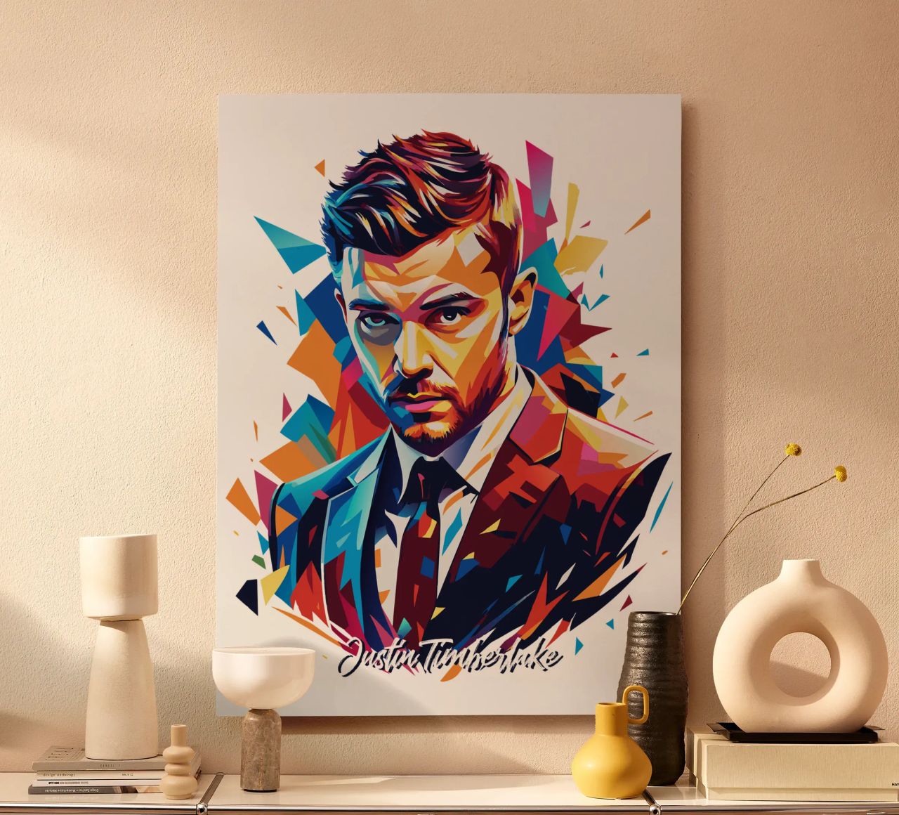 Justin Timberlake Portrait in WPAP Pop Art alluminio dibond da vectorartnesia