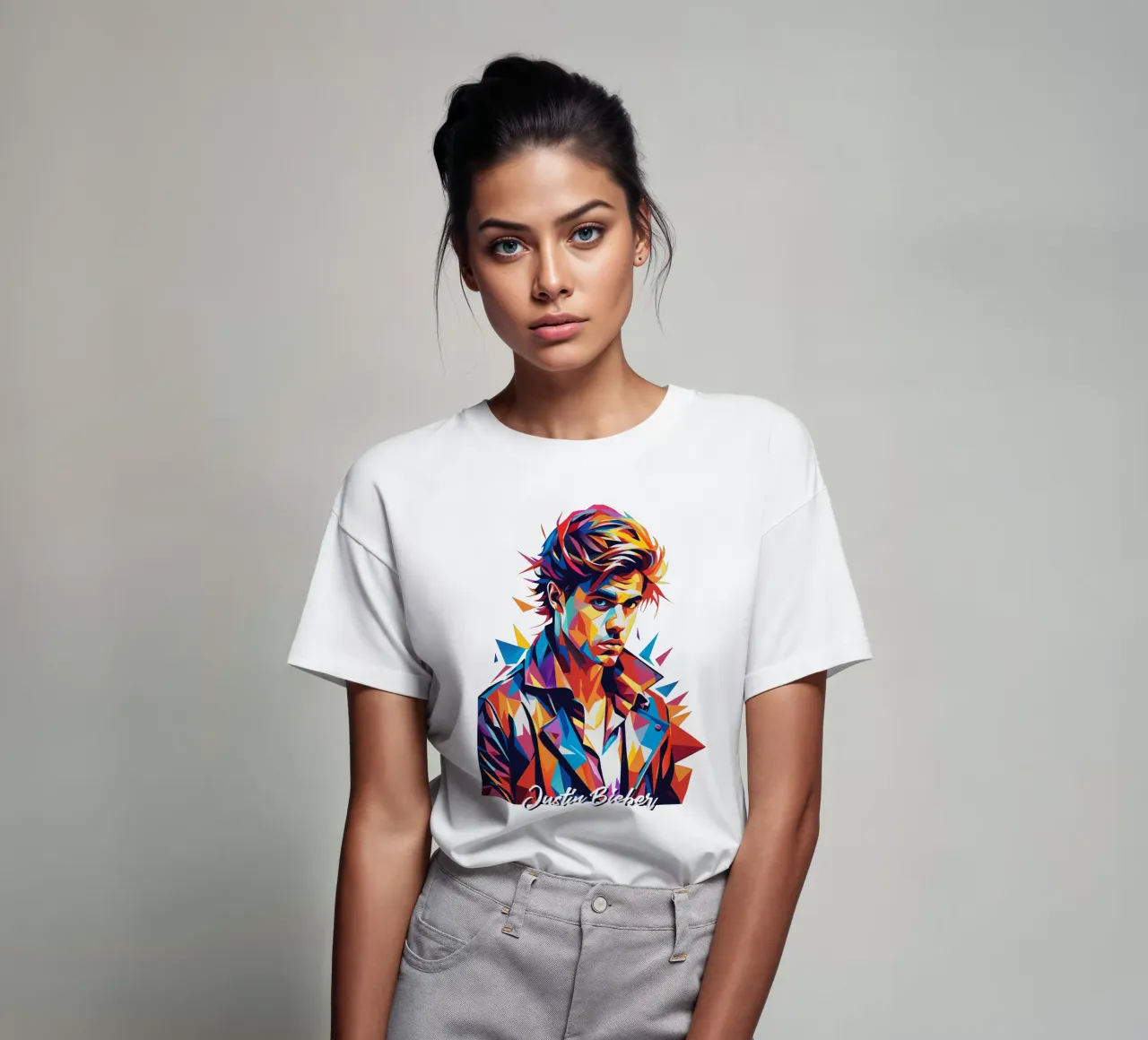 Justin Bieber Portrait in WPAP Pop Art t-shirt da vectorartnesia
