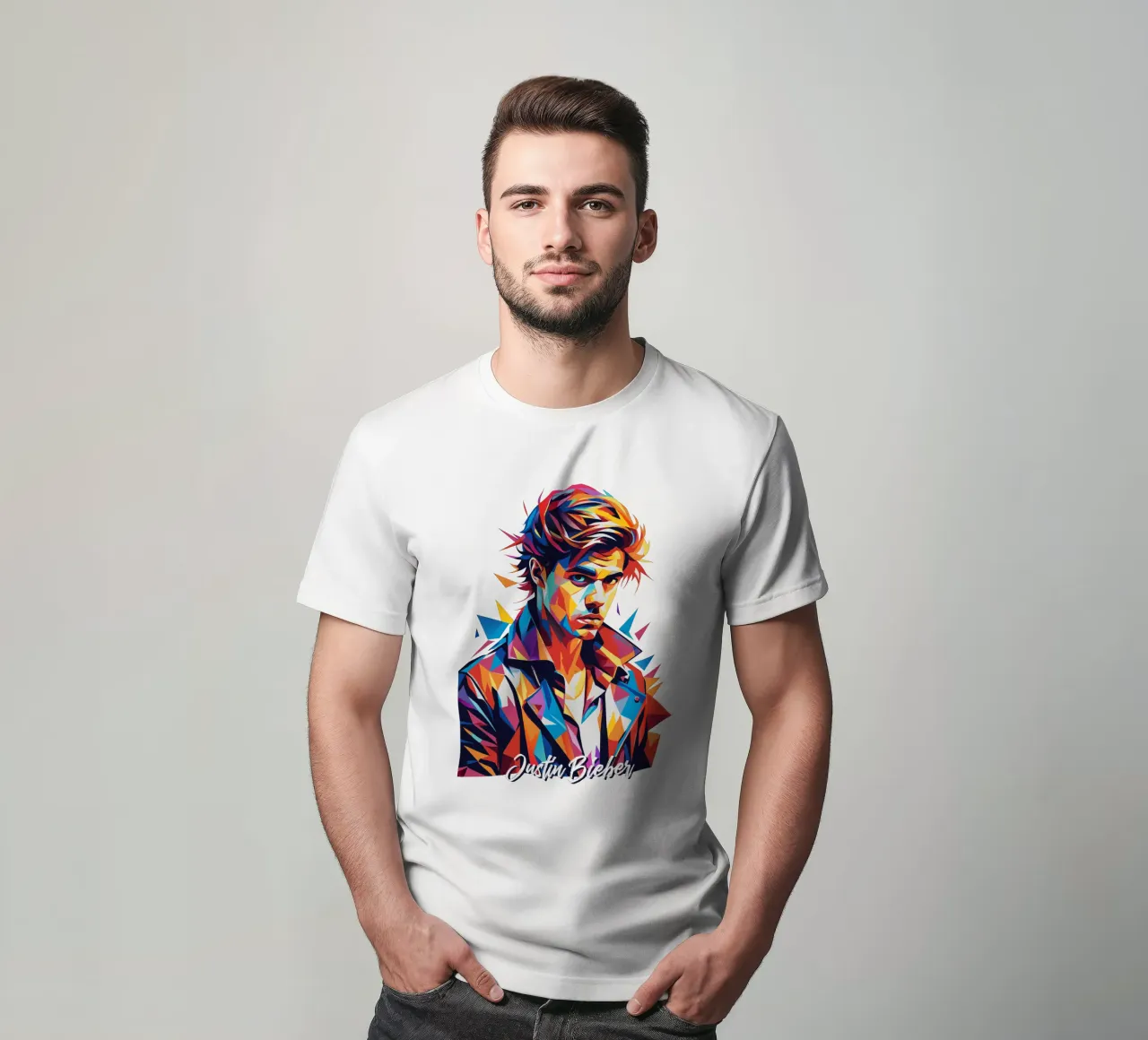 Justin Bieber Portrait in WPAP Pop Art t-shirt da vectorartnesia